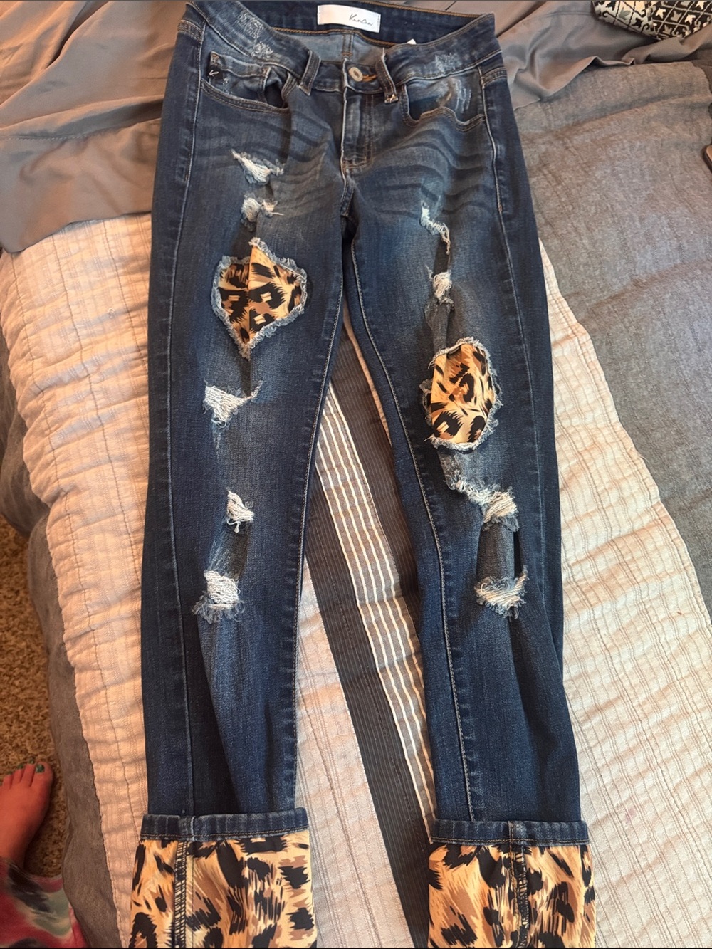 KanCan Dark Blue Distressed Boyfriend Jeans with Leopard Trim